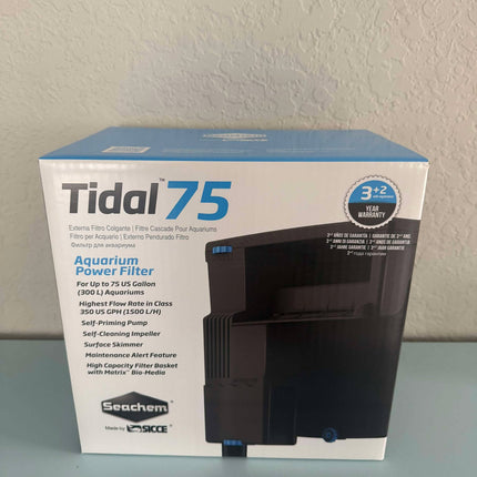 Seachem Tidal Filter for aquariums with adjustable flow, compact design, and easy-to-maintain components in a clear view.