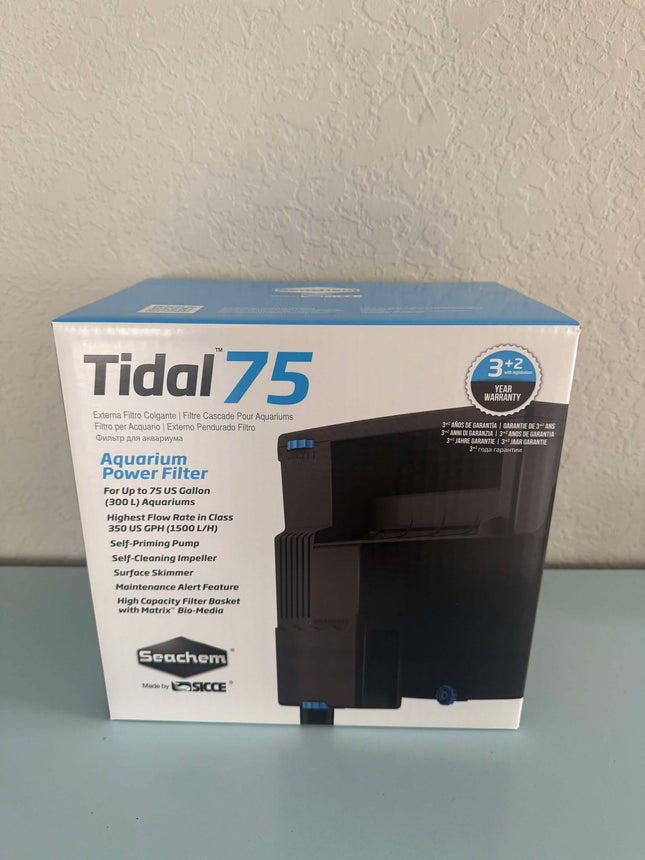 Seachem Tidal Filter for aquariums with adjustable flow, compact design, and easy-to-maintain components in a clear view.