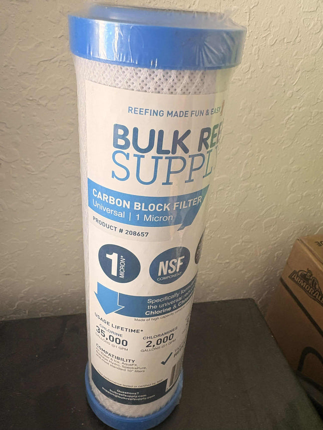Retro Aquatics bulk reef supply universal carbon block filter with 1 micron filtration, showing the black filter cartridge and packaging.