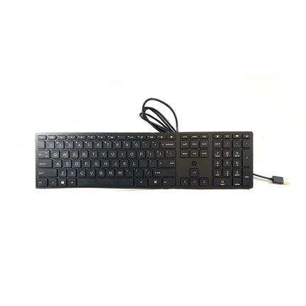HP 320K wired black keyboard with standard QWERTY layout, compatible with Windows 10 and 11, USB connection.