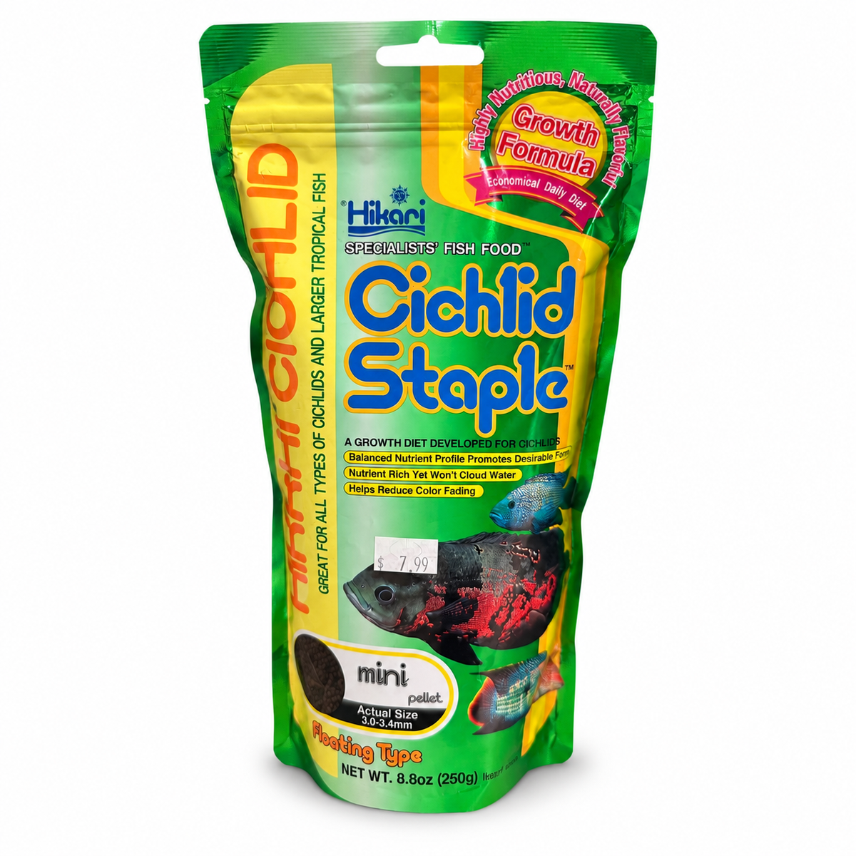 Hikari Cichlid Staple Mini Pellets fish food in a 250g package, showing small fish pellets on a white background.