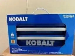 Kobalt mini toolbox with handle, open lid showing small tools and compartments for storage and organization.