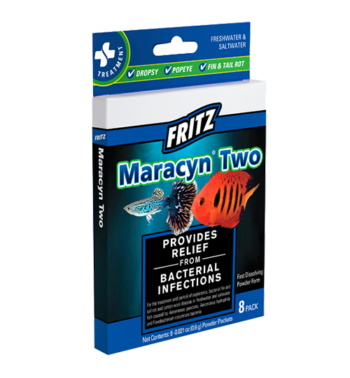 Fritz Maracyn Two medication for fish health, shown in a clear bottle with label, used for treating bacterial infections in aquarium fish.